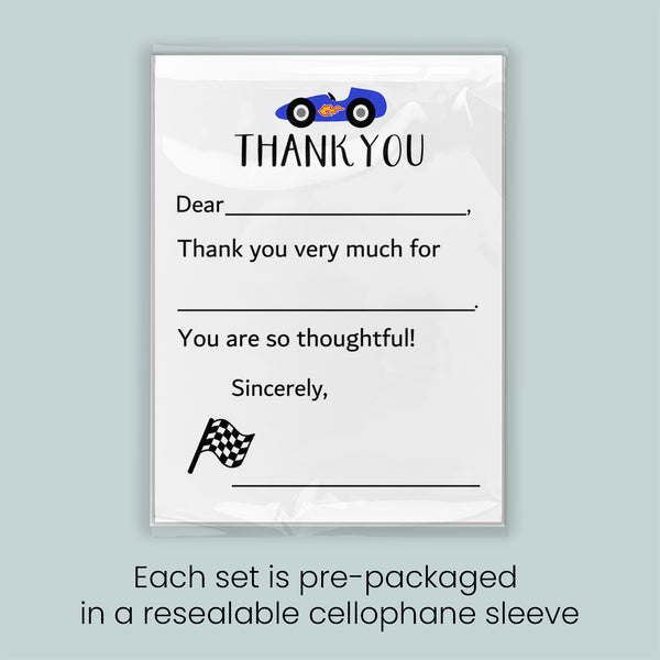 The image is a thank you card with a car and a checkered flag, and it is pre-packaged in a resealable cellophane sleeve. Each set is pre-packaged in a resealable cellophane sleeve.