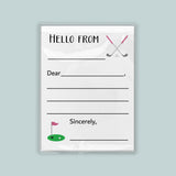 The image is a greeting card with a golf-themed design. The card has a blank space for a message and includes a golf club and flag illustration.