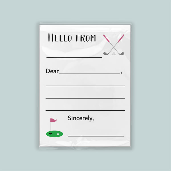 The image is a greeting card with a golf-themed design. The card has a blank space for a message and includes a golf club and flag illustration.