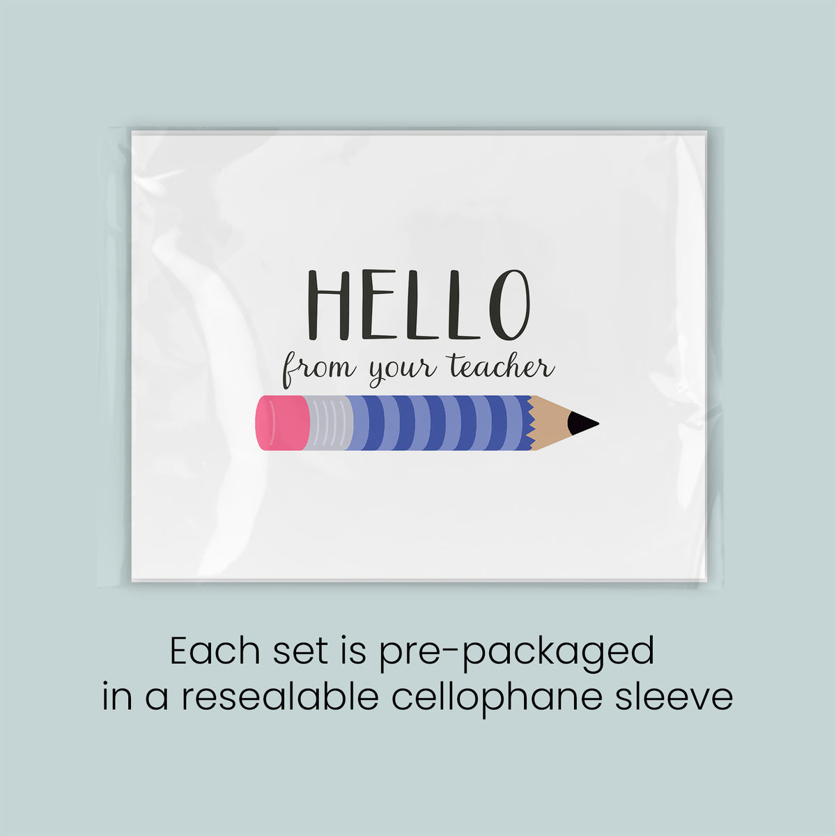 a set of pre-packaged greeting cards with a pencil graphic, each set packaged in a resealable cellophane sleeve.