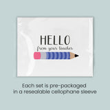 a set of pre-packaged greeting cards with a pencil graphic, each set packaged in a resealable cellophane sleeve.