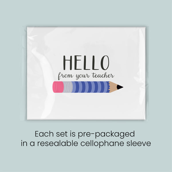 a set of pre-packaged greeting cards with a pencil graphic, each set packaged in a resealable cellophane sleeve.