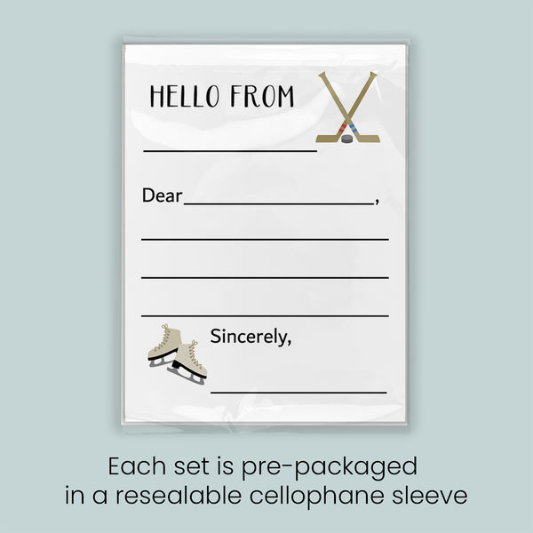 The image is a greeting card with a hockey stick and skates on the front, and it is pre-packaged in a resealable cellophane sleeve. Each set is pre-packaged in a resealable cellophane sleeve.