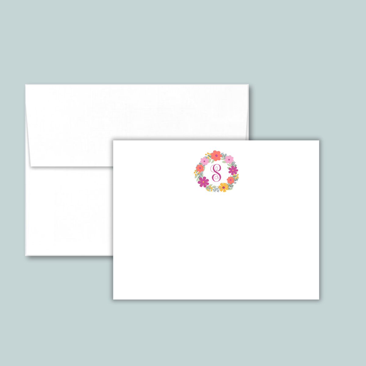 Floral Wreath Monogram - Personalized Flat Note Card - The Note House