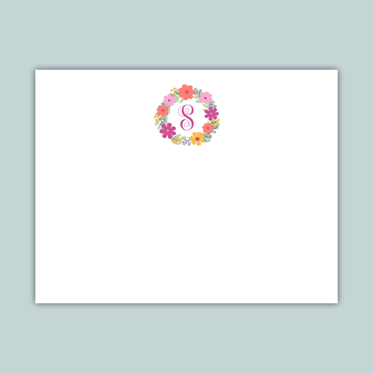 Floral Wreath Monogram - Personalized Flat Note Card - The Note House