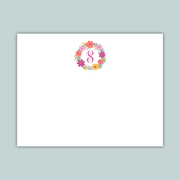 Floral Wreath Monogram - Personalized Flat Note Card - The Note House