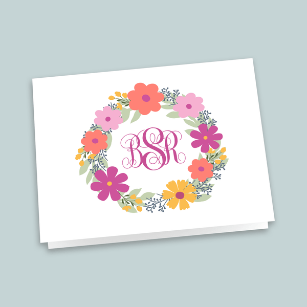Floral Wreath Monogram - Personalized Folded Note Card - The Note House