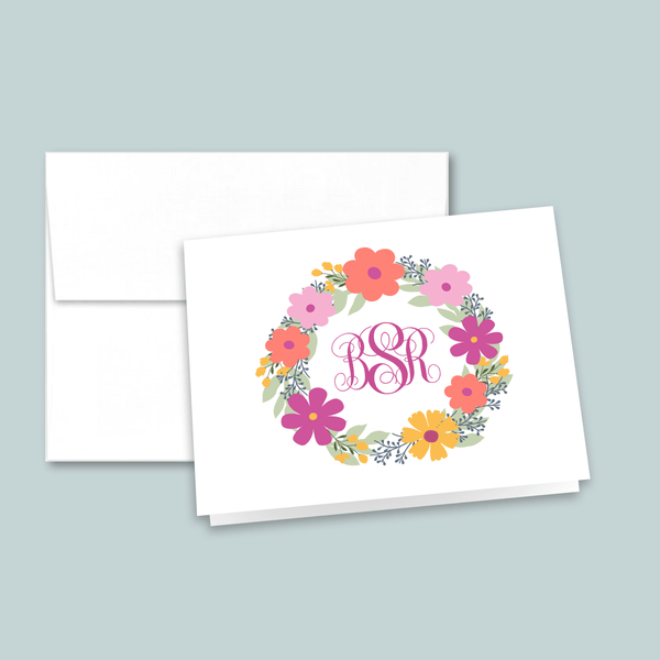Floral Wreath Monogram - Personalized Folded Note Card - The Note House