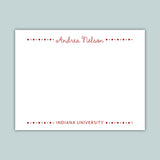 White card with red text displaying a name and institution on a light gray background