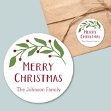 Green Holiday Branch - Personalized Round Gift Sticker - The Note House