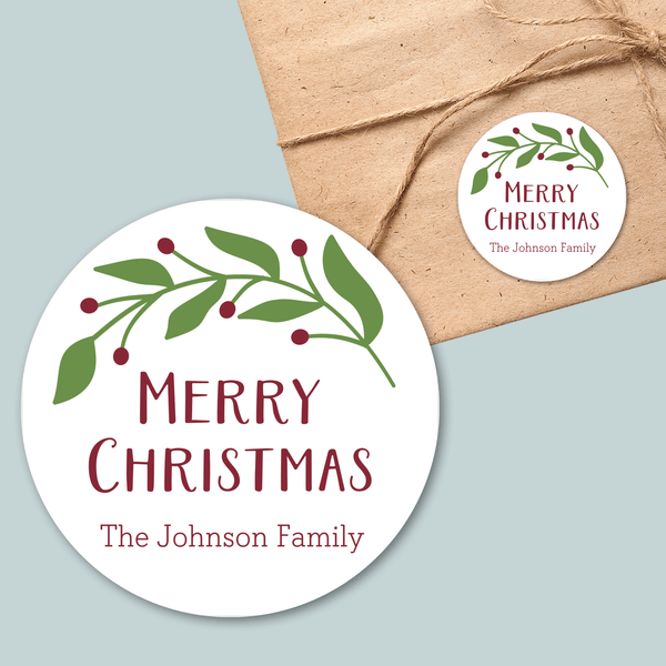 Green Holiday Branch - Personalized Round Gift Sticker - The Note House