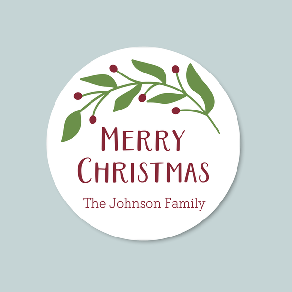 Green Holiday Branch - Personalized Round Gift Sticker - The Note House