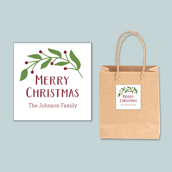 Green Holiday Branch - Personalized Square Gift Sticker - The Note House