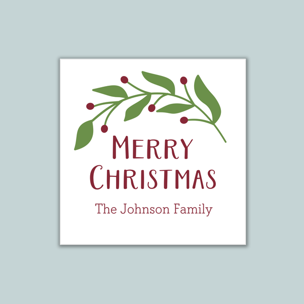 Green Holiday Branch - Personalized Square Gift Sticker - The Note House