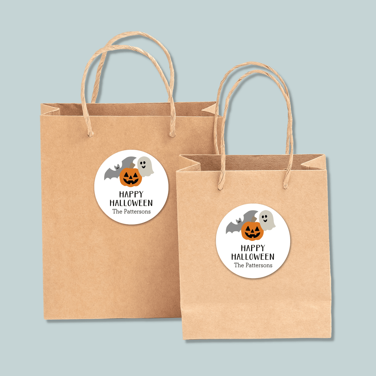 Halloween Pumpkin, Ghost, and Bat - Personalized Round Gift Sticker - The Note House