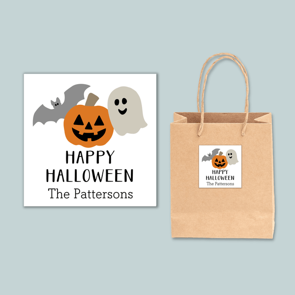 Halloween Pumpkin, Ghost, and Bat - Personalized Square Gift Sticker - The Note House