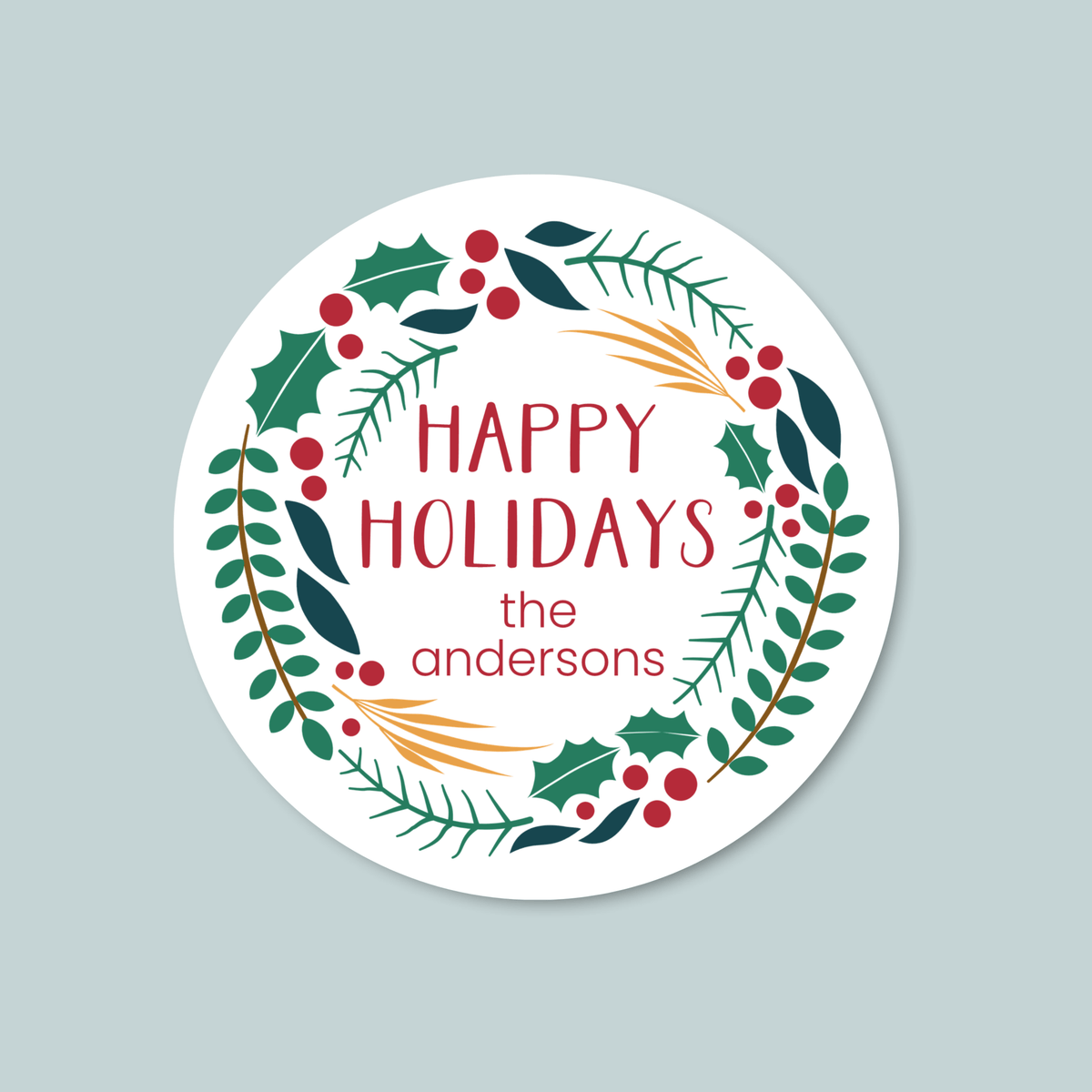 Holly Wreath - Personalized Round Gift Sticker - The Note House