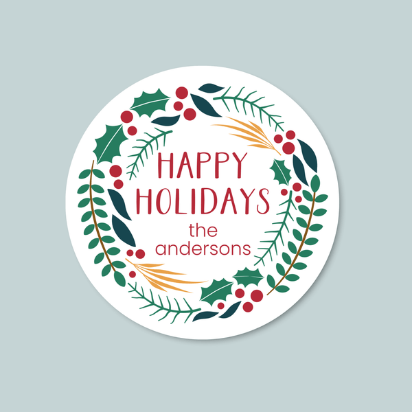 Holly Wreath - Personalized Round Gift Sticker - The Note House