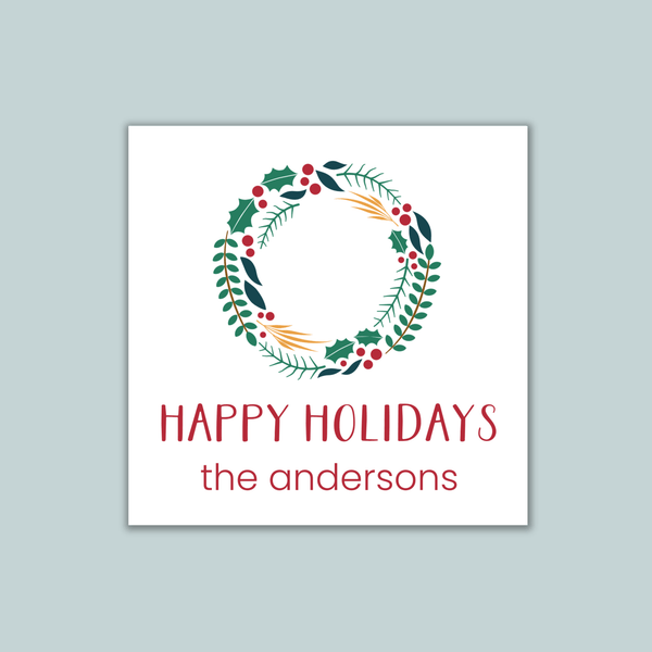 Holly Wreath - Personalized Square Gift Sticker - The Note House