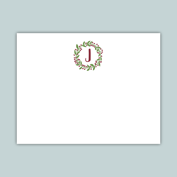 Leaves and Berries Wreath - Personalized Flat Note Card - The Note House