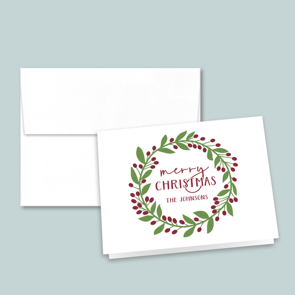 Leaves and Berries Wreath - Personalized Folded Note Card - The Note House