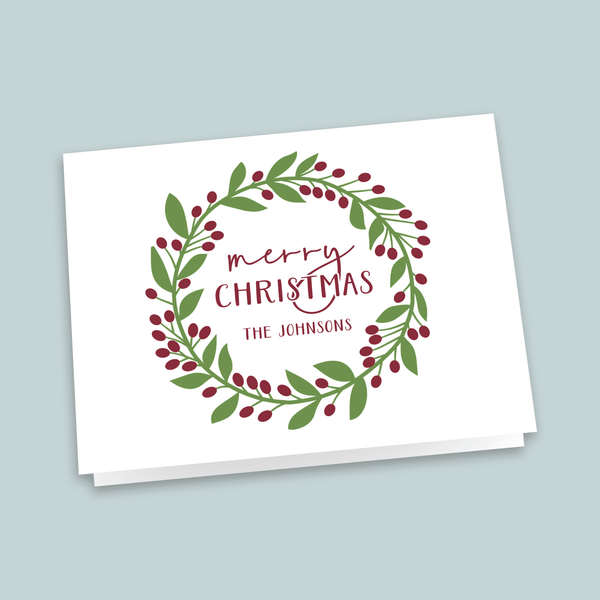 Leaves and Berries Wreath - Personalized Folded Note Card - The Note House