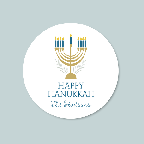 Menorah and Branches - Personalized Round Gift Sticker - The Note House
