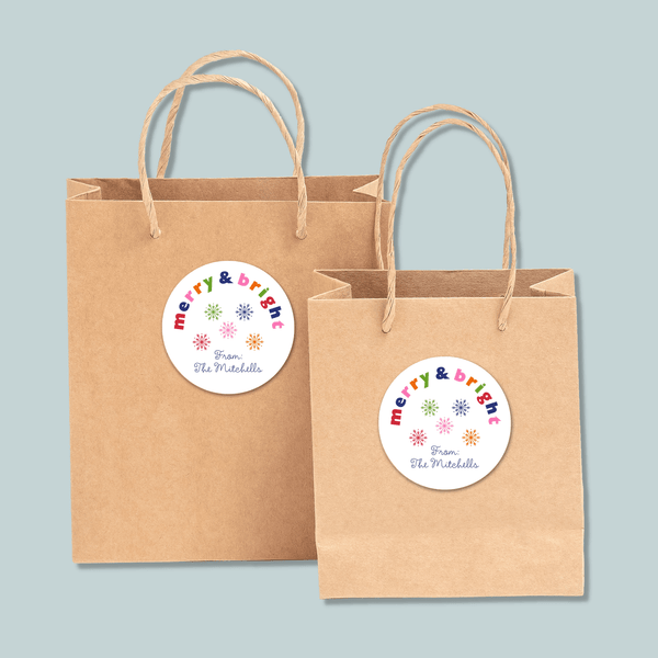 Merry and Bright Snowflakes - Personalized Round Gift Sticker - The Note House