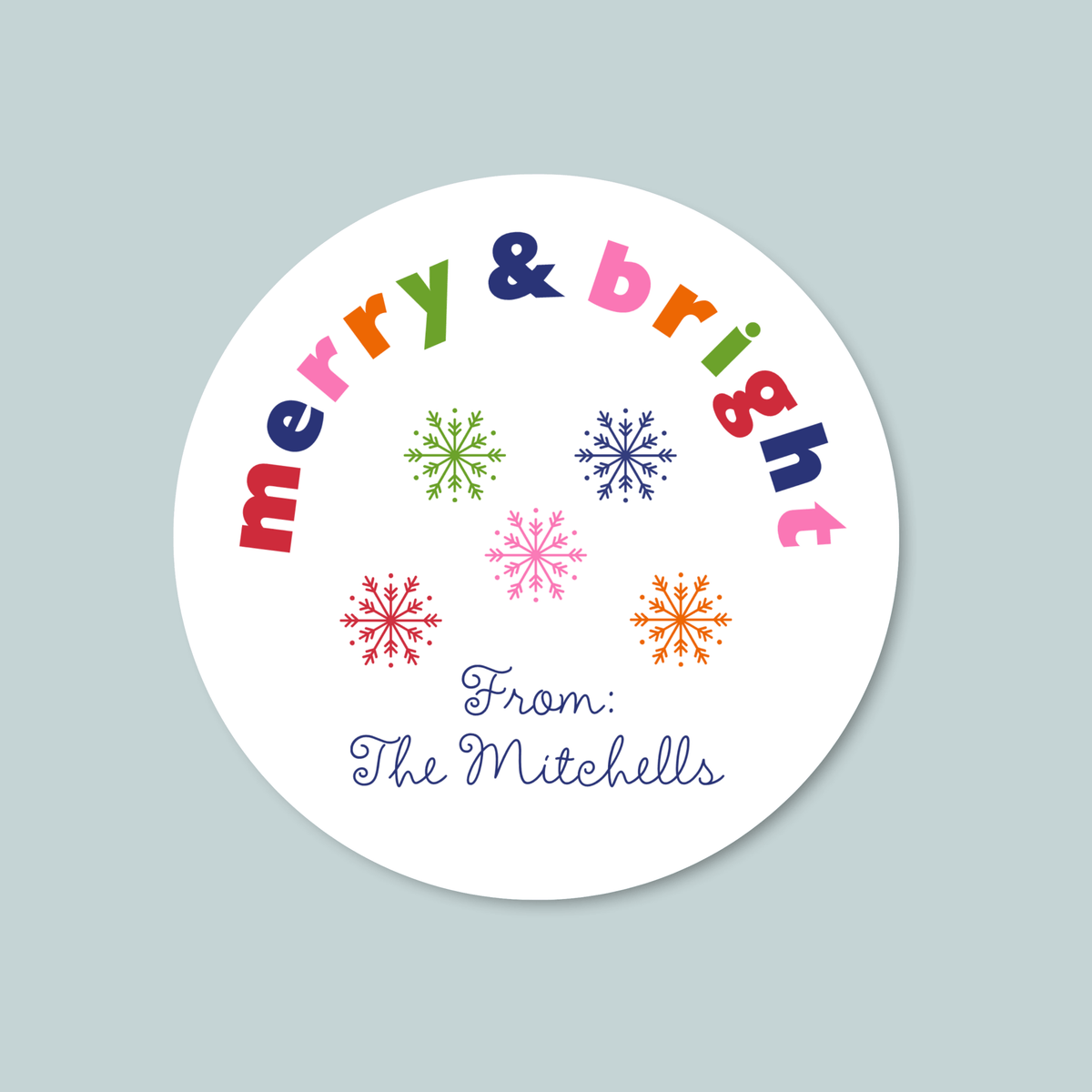 Merry and Bright Snowflakes - Personalized Round Gift Sticker - The Note House