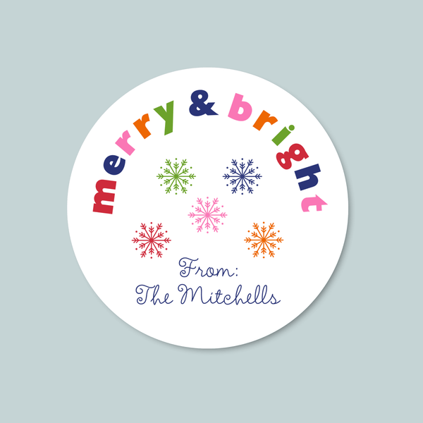 Merry and Bright Snowflakes - Personalized Round Gift Sticker - The Note House