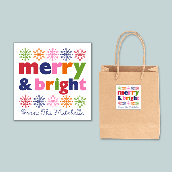 Merry and Bright Snowflakes - Personalized Square Gift Sticker - The Note House
