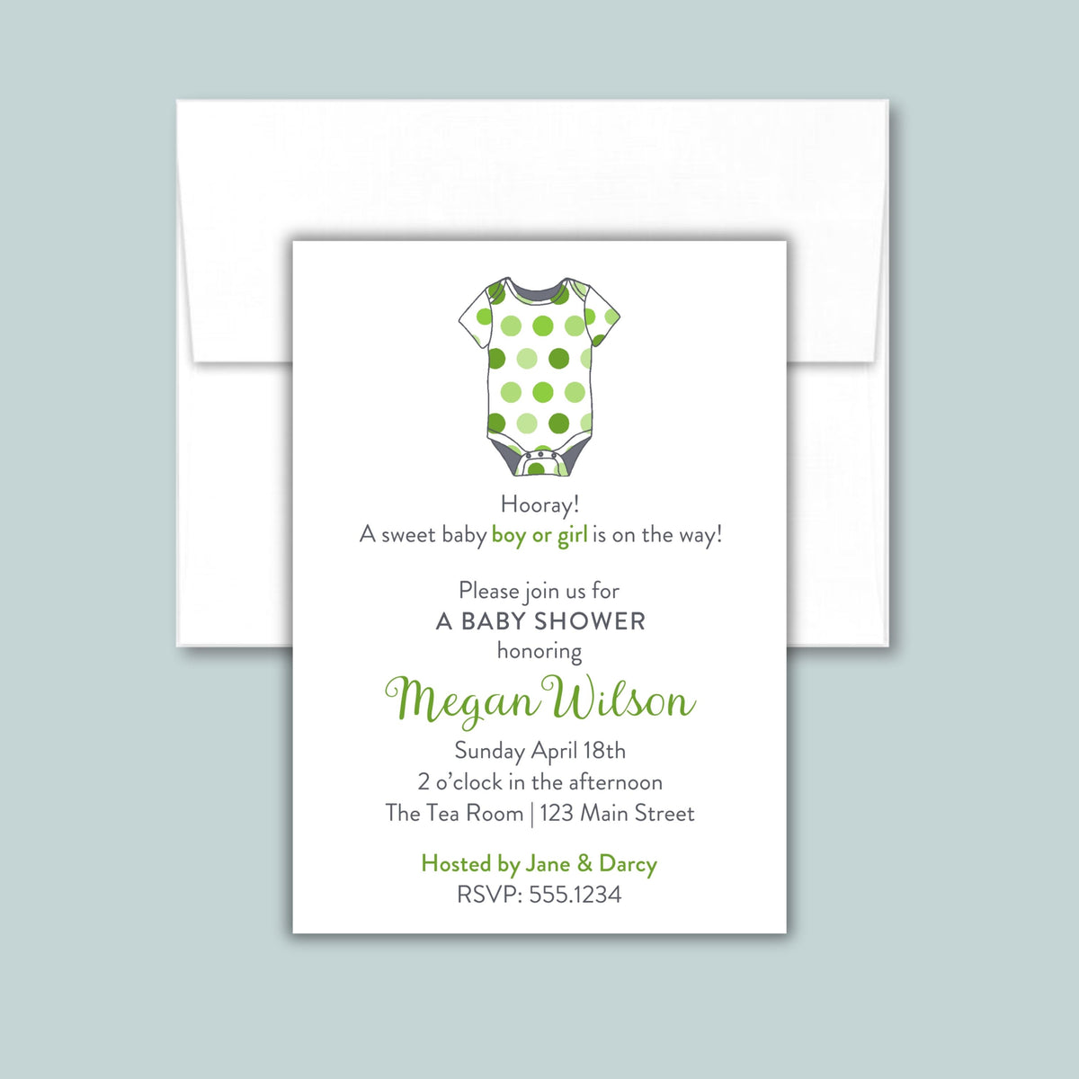 Polka Dot Onesie Baby Shower Invitation | Semi-Custom | Green
