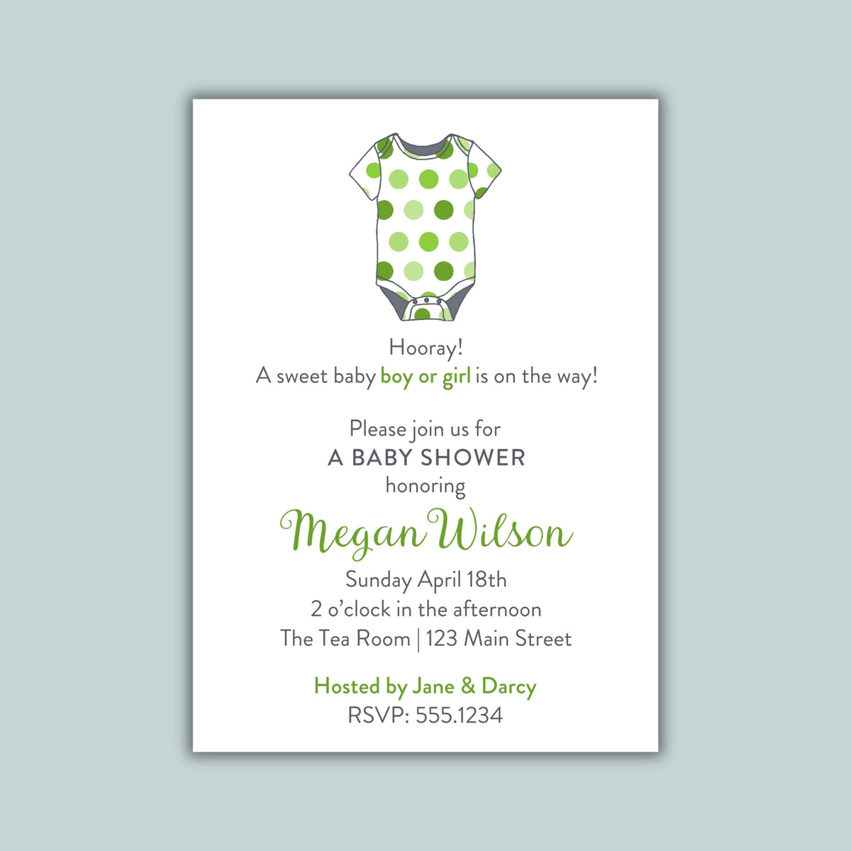 Polka Dot Onesie Baby Shower Invitation | Semi-Custom | Green
