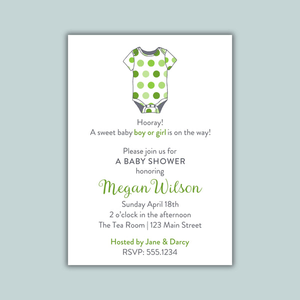 Polka Dot Onesie Baby Shower Invitation | Semi-Custom | Green