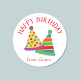 A white circular sticker with a colorful illustration of two party hats and the text 