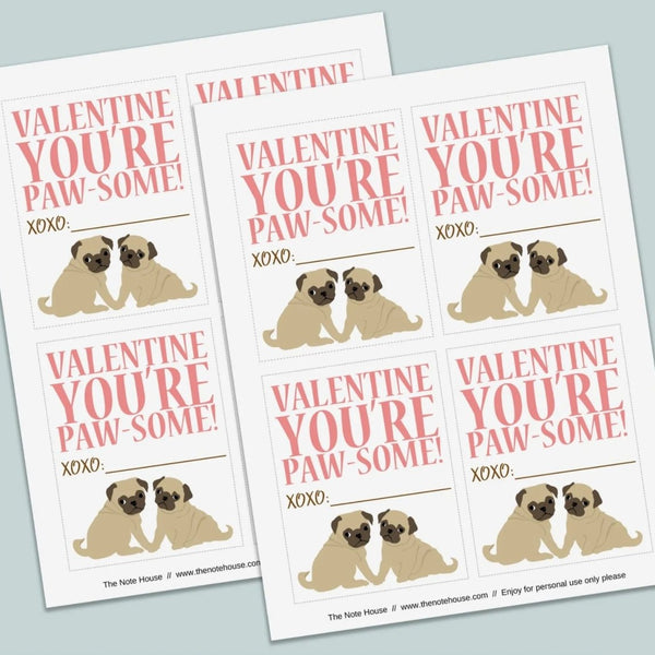 Pug - Classroom Valentine's Day Cards - Printable Instant Download - The Note House