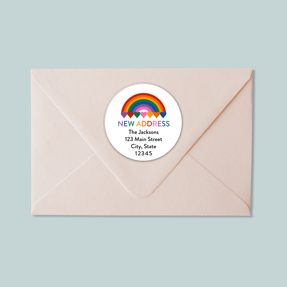 Rainbow Hearts - We've Moved Round Address Label - The Note House