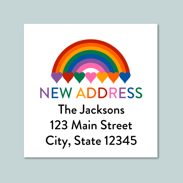 Rainbow Hearts - We've Moved Square Address Label - The Note House