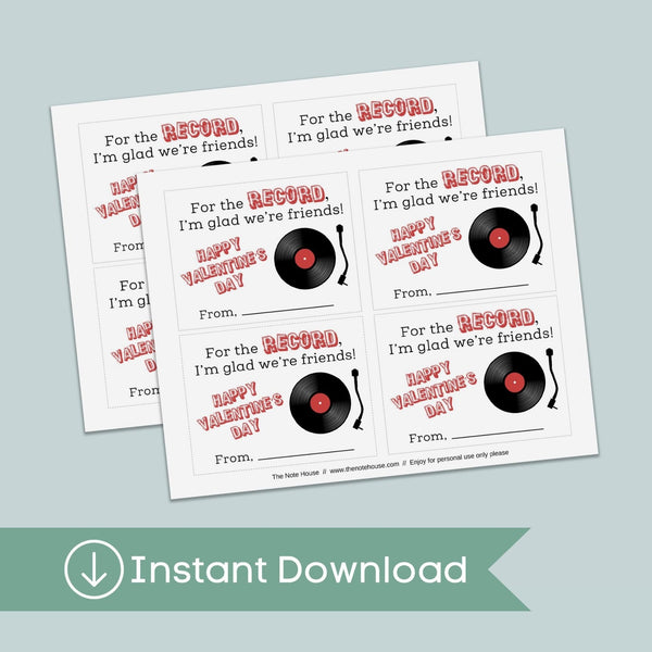 Record Player - Classroom Valentine's Day Cards - Printable Instant Download - The Note House