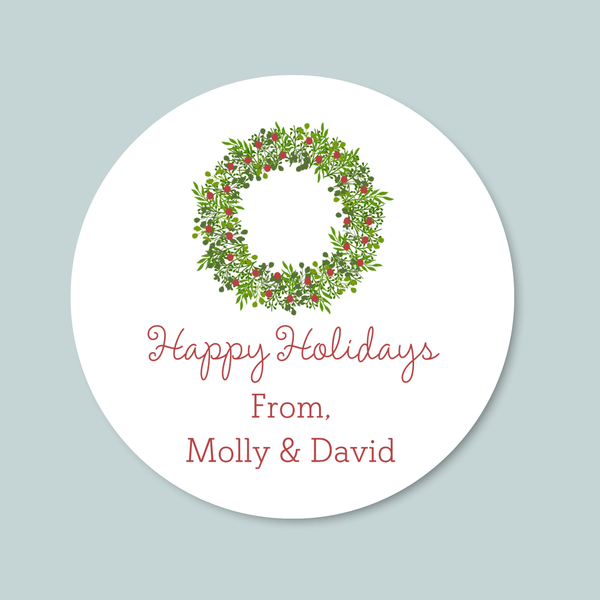 Rustic Green Wreath - Personalized Round Gift Sticker - The Note House
