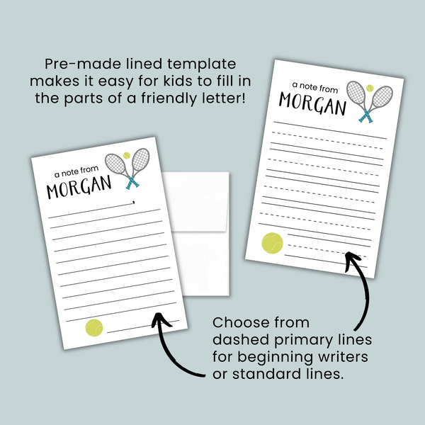 Tennis - Personalized Lined Letter Template - The Note House