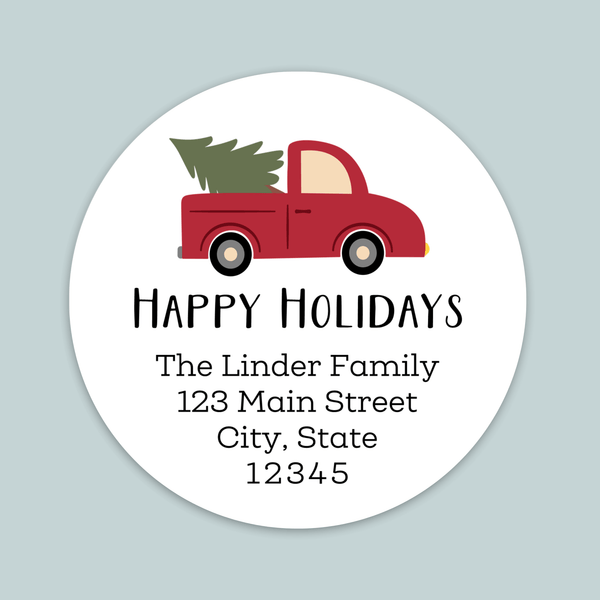 Vintage Truck and Christmas Tree - Round Address Label - The Note House