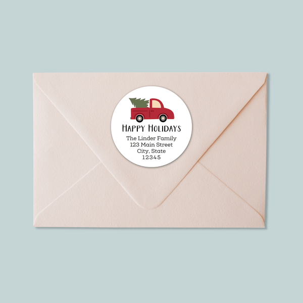 Vintage Truck and Christmas Tree - Round Address Label - The Note House