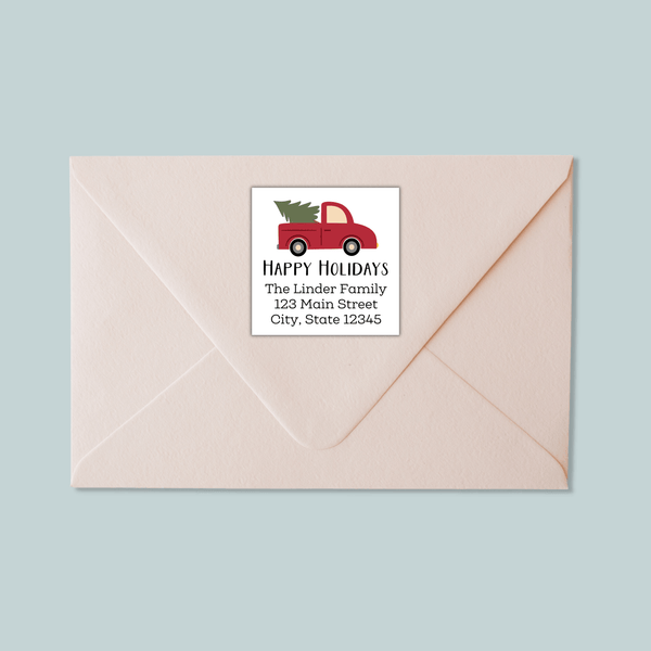 Vintage Truck and Christmas Tree - Square Address Label - The Note House