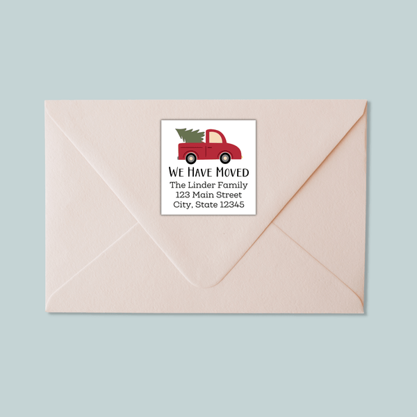 Vintage Truck and Christmas Tree - We've Moved Square Address Label - The Note House