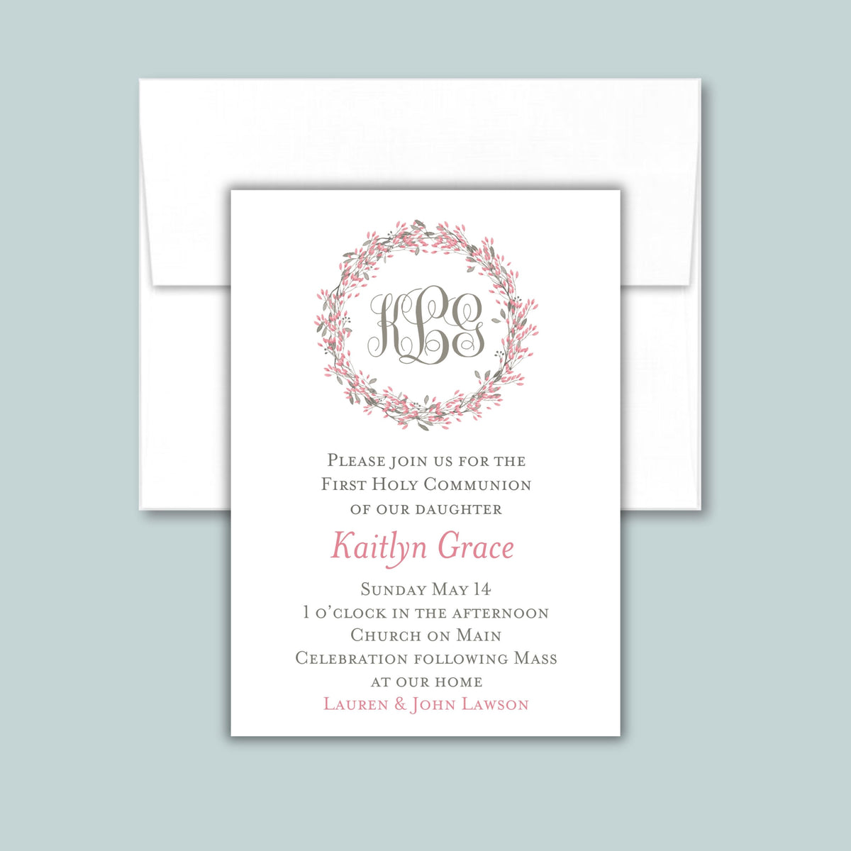 Monogram Floral Wreath Invitation | Semi-Custom | Pink & Gray Elegant Design