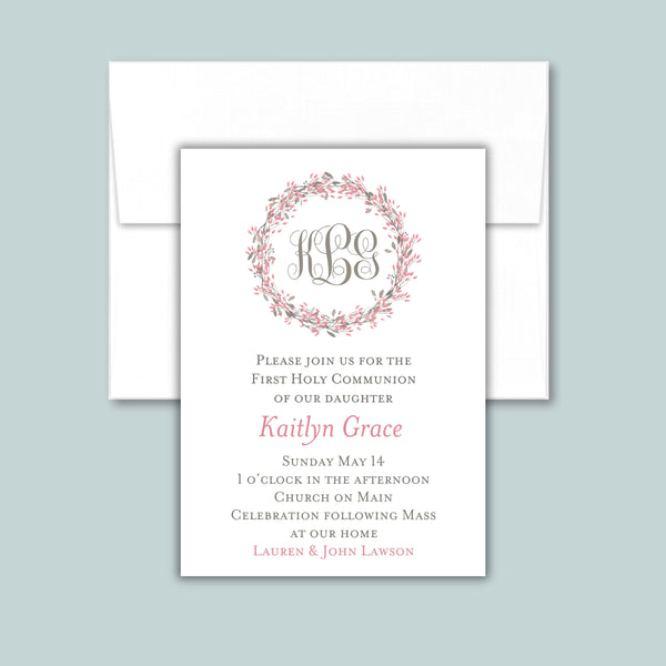 Monogram Floral Wreath Invitation | Semi-Custom | Pink & Gray Elegant Design