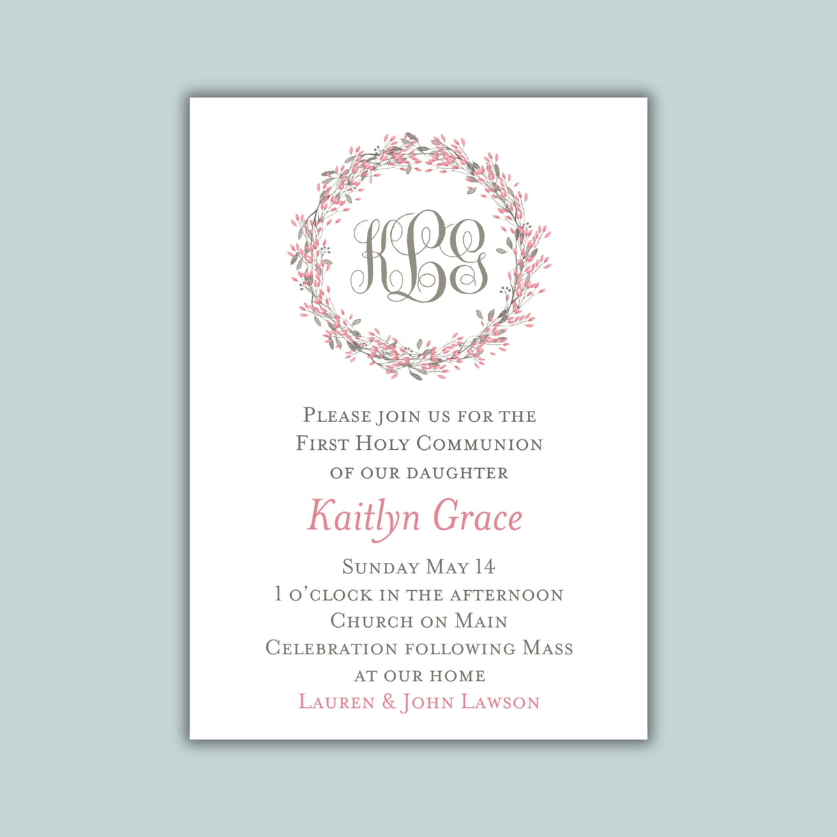 Monogram Floral Wreath Invitation | Semi-Custom | Pink & Gray Elegant Design