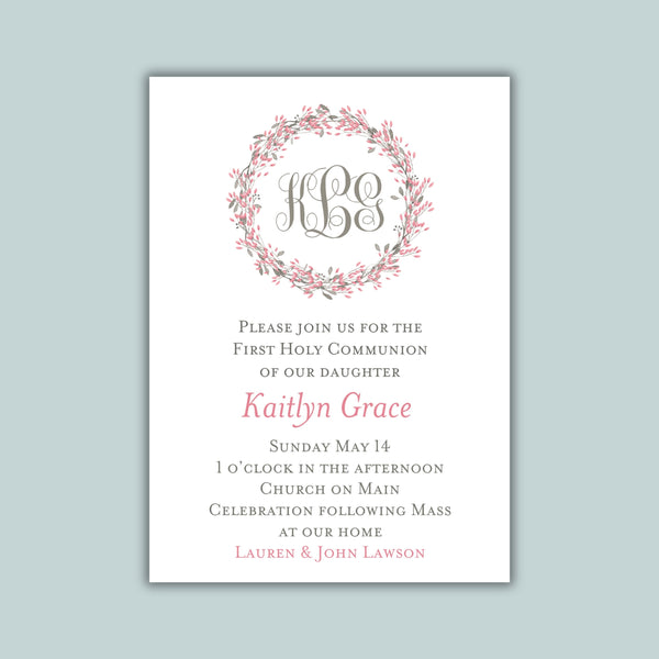 Monogram Floral Wreath Invitation | Semi-Custom | Pink & Gray Elegant Design