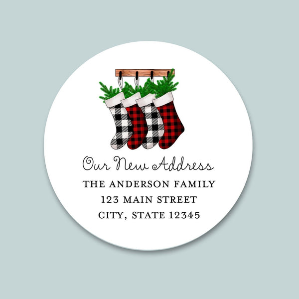 Buffalo Plaid Holiday Stockings - We've Moved Round Address Label - The Note House